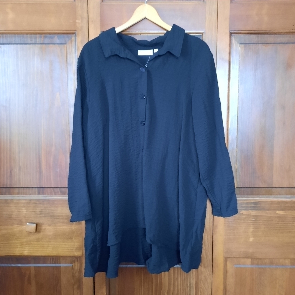 NWOT Habitat black crinkle button front tunic blouse #30428 size XL
